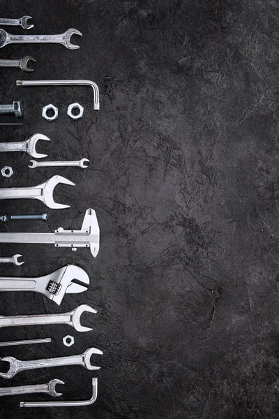 Top view of set of various work tools on grey — Stock Photo, Image