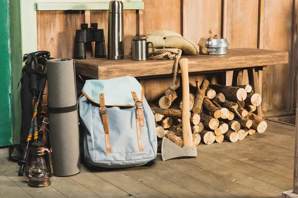 Different trekking equipment on bench — Stock Photo, Image