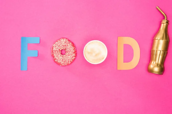 Food sign with donuts and cup of coffee — Stock Photo, Image