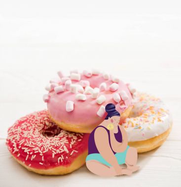 Fat woman sitting near pile of tasty donuts clipart