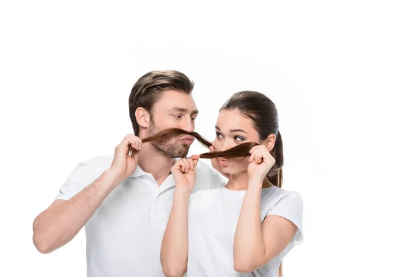 Couple making mustaches — Stock Photo, Image