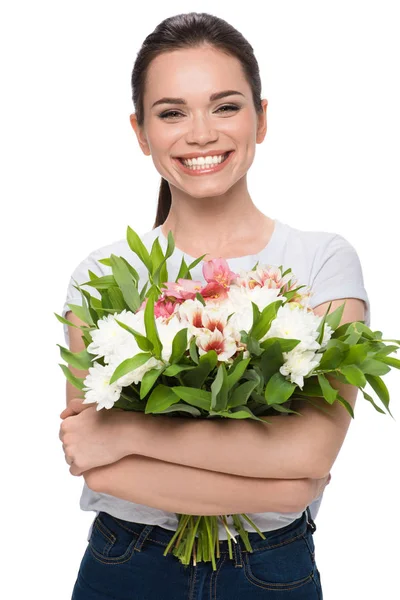 Mujer con ramo de flores — Foto de Stock