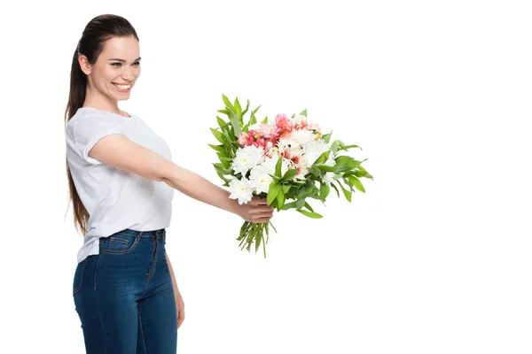 Donna che tiene bouquet — Foto Stock