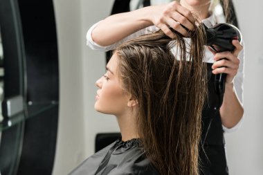 hairdresser drying hair of woman clipart