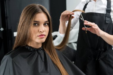 stylist cutting hair of woman clipart