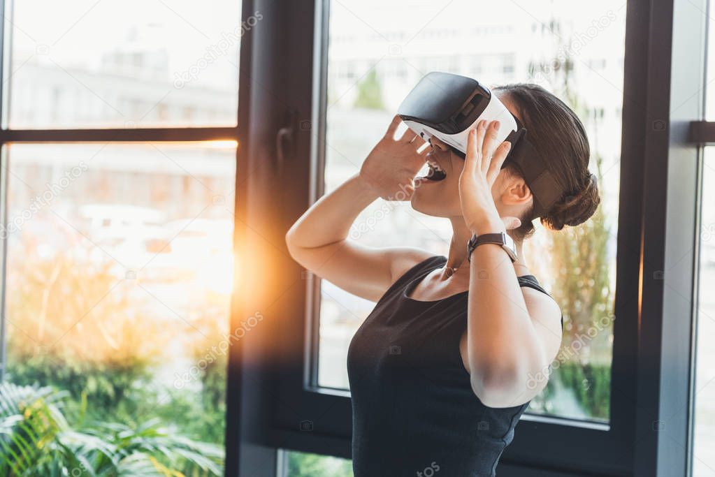 businesswoman with virtual reality glasses