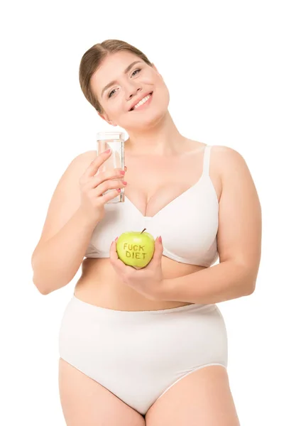 Donna con acqua e mela — Foto Stock