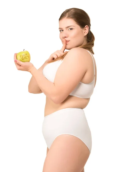 Woman with silence symbol and apple — Stock Photo, Image