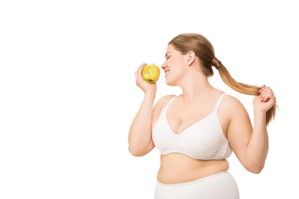 Alegre mujer con sobrepeso con manzana — Foto de Stock