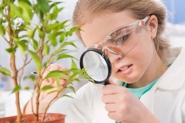 Girl with magnifying glass — Stock Photo