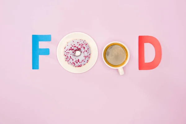 Sinal de comida com donuts e xícara de café — Fotografia de Stock