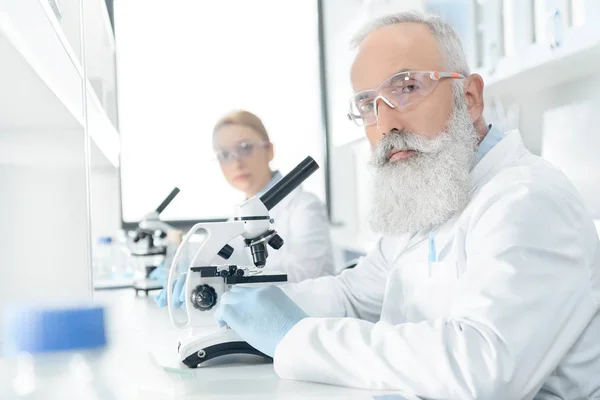 Científicos trabajando con microscopios - foto de stock