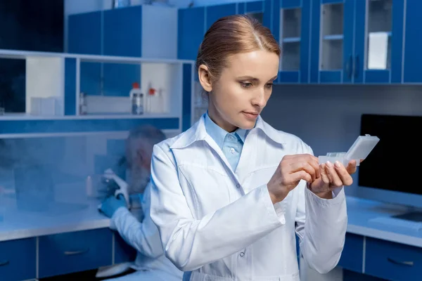 Labortechniker schaut sich Proben im Labor an — Stockfoto