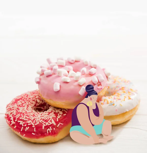 Fat woman sitting near pile of tasty donuts — Stock Photo