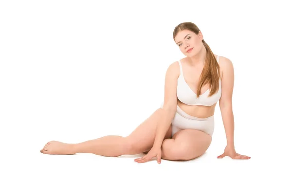 Mulher com sobrepeso em roupa interior branca — Fotografia de Stock