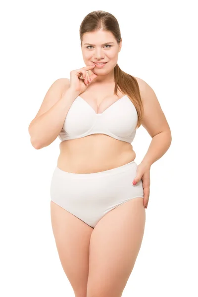Alegre mujer con sobrepeso en ropa interior - foto de stock