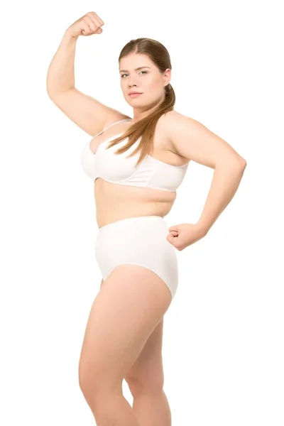 Mujer con sobrepeso en ropa interior blanca - foto de stock
