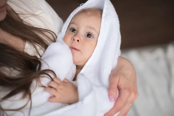 Boy covered in towel after bath — Stock Photo, Image