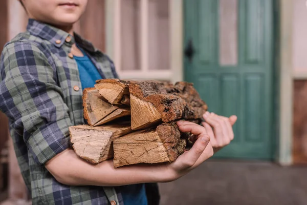 Kid boy collecting wood logs — Stock Photo, Image