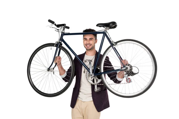 Elegante giovane uomo con bicicletta — Foto Stock