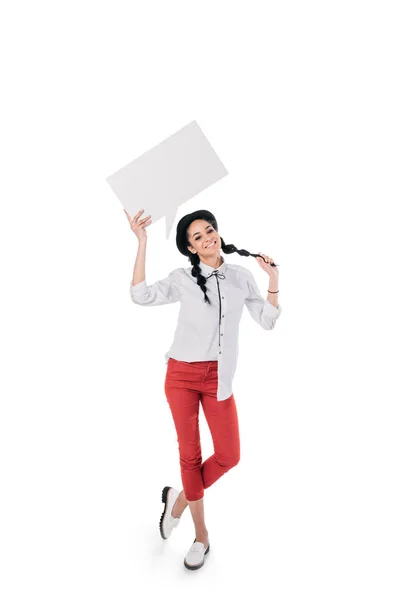 Menina segurando bolha de discurso em branco — Fotografia de Stock