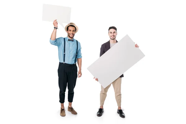 Multiethnic friends holding blank banners — Stock Photo, Image