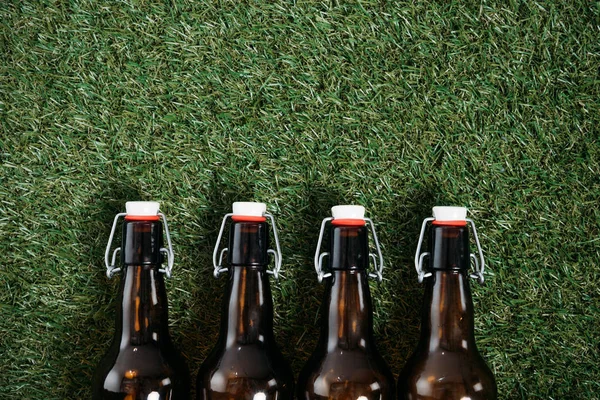 Bierflessen liggen op gras — Stockfoto