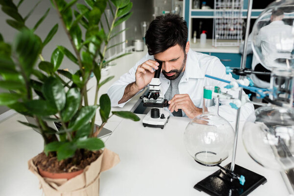 Scientist working with microscope