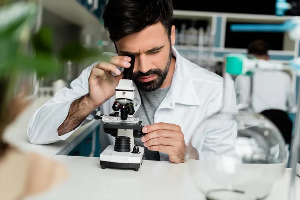 Científico trabajando con microscopio — Foto de Stock