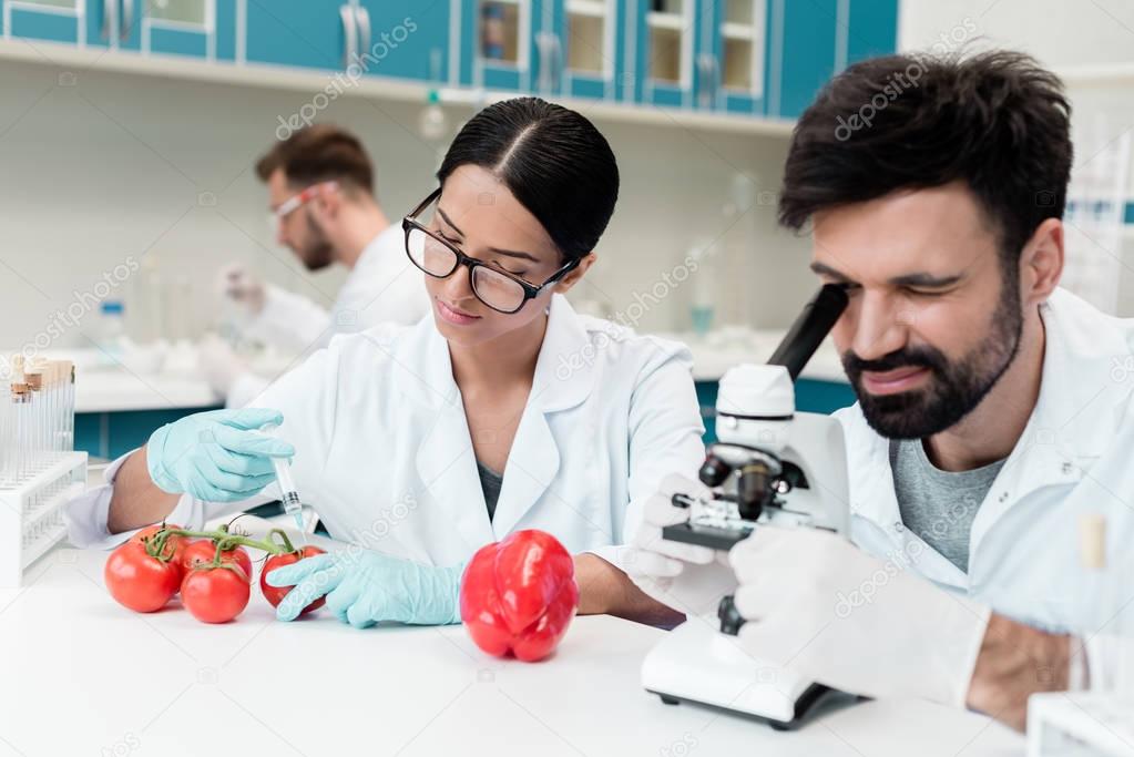 Scientists examining vegetables 