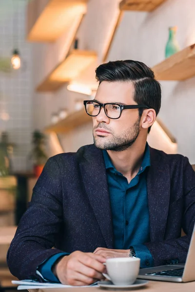 Uomo d'affari pensoso con computer portatile in caffè — Foto stock gratuita