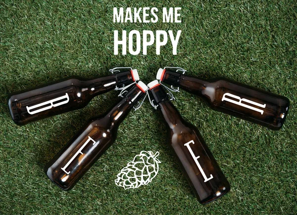 Garrafas de cerveja deitadas na grama — Fotografia de Stock