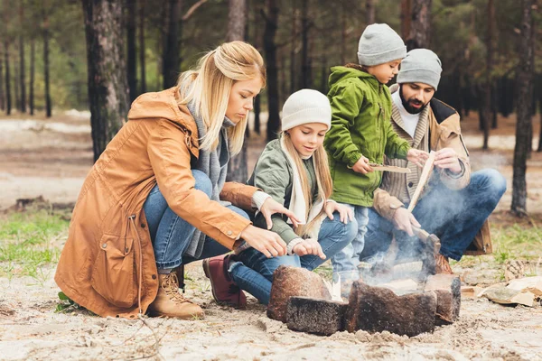 Family making campfire — Stock Photo, Image