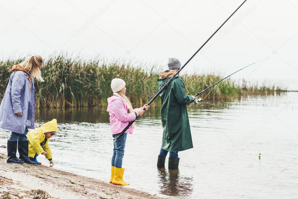 family fishing together