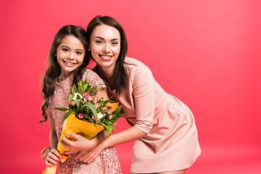 mother and daughter with bouquet of flowers clipart