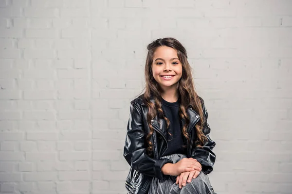 Fashionable kid in leather jacket — Stock Photo, Image