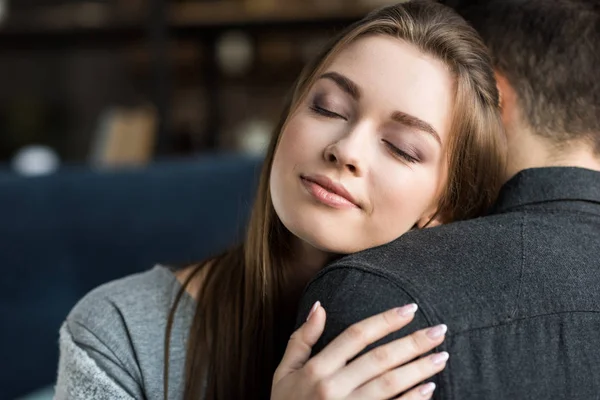 Cheerful Girlfriend Hugging Boyfriend Closed Eyes — Stock Photo, Image