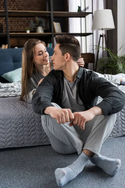 Affectionate Couple Looking Each Other Bedroom — Stock Photo, Image