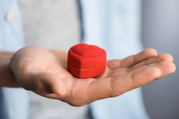 Cropped Image Man Holding Red Box Engagement Ring Palm — Stock Photo, Image