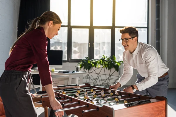Happy Businesspeople Playing Kicker Modern Office — Stock Photo, Image