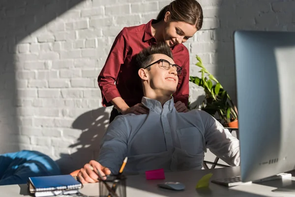 Businessman Recieving Massage His Girlfriend Workplace — Stock Photo, Image