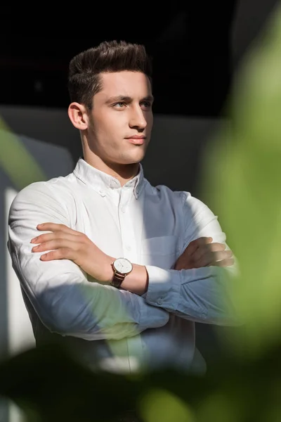 Joven Hombre Negocios Guapo Con Los Brazos Cruzados Mirando Hacia Imagen De Stock