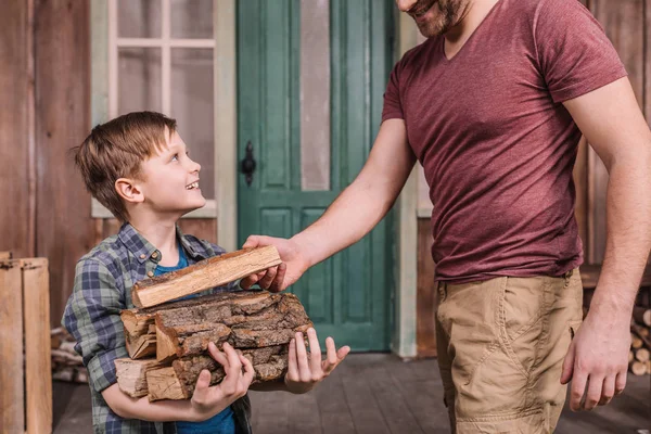 Pai com filho coletando troncos de madeira — Fotografia de Stock