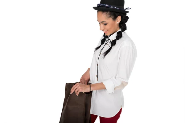 Young woman with leather bag — Stock Photo