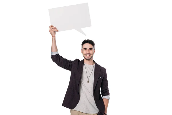 Hombre sosteniendo burbuja mensaje en blanco - foto de stock