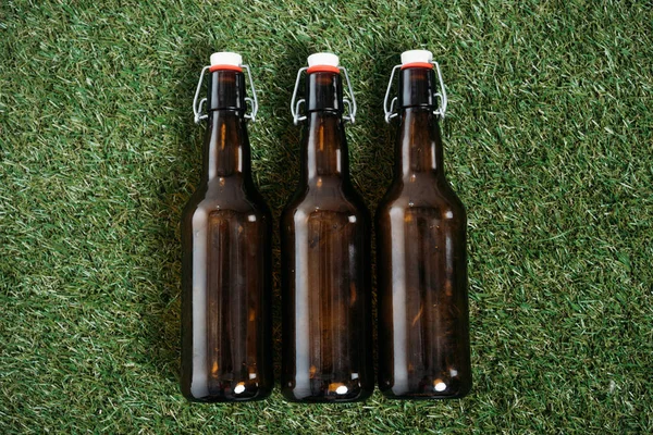 Beer bottles lying on grass — Stock Photo