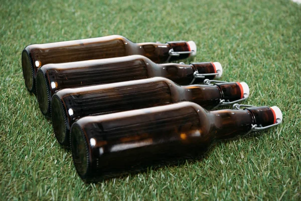 Garrafas de cerveja deitadas na grama — Fotografia de Stock