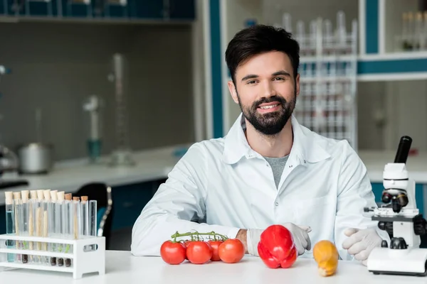 Wissenschaftler untersucht Gemüse — Stockfoto