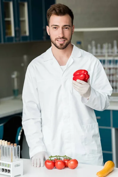 Cientista que examina vegetais — Fotografia de Stock