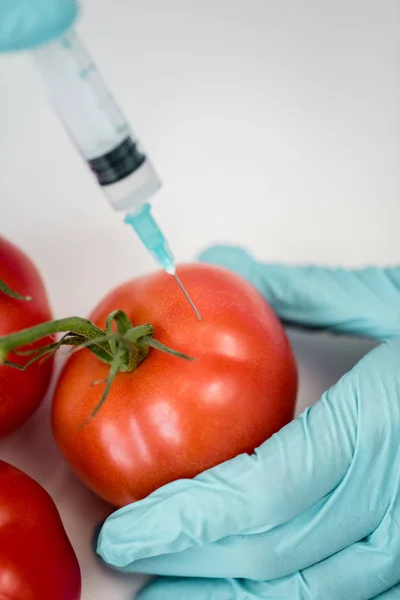 Scientifique avec seringue et tomates — Photo de stock